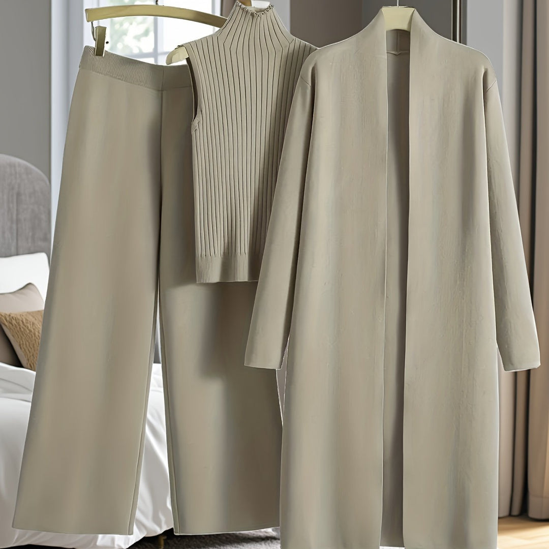 Women’s Loose Fashionable Three-Piece Set with Wide-Leg Pants, Cardigan, Vest