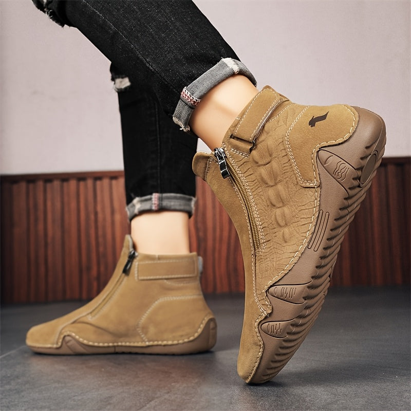 Men's Fashion Zippered Slip-on Mid-top Rubber Sole Outdoor Boots