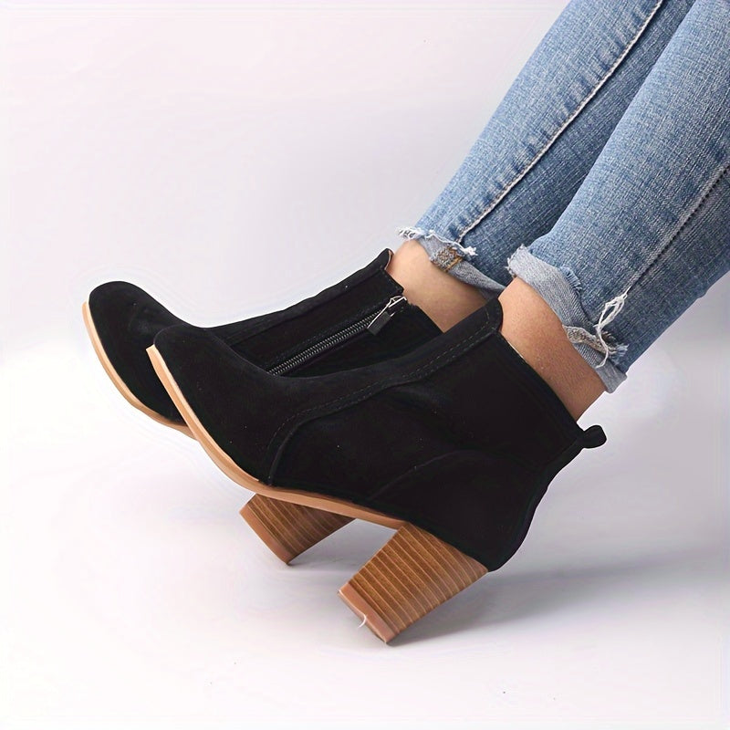 Women's High-Heel Ankle Boots with Round Toe and Side Zip