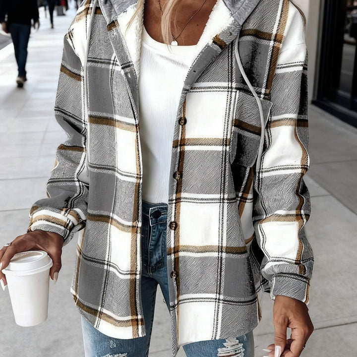 Women's Plaid Hooded Jacket with Lining Button-Front Closure