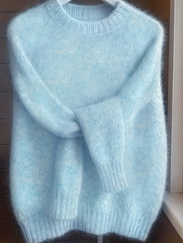 Women's Mohair Blend Sweater with Raglan Sleeve and Drop Shoulder Design
