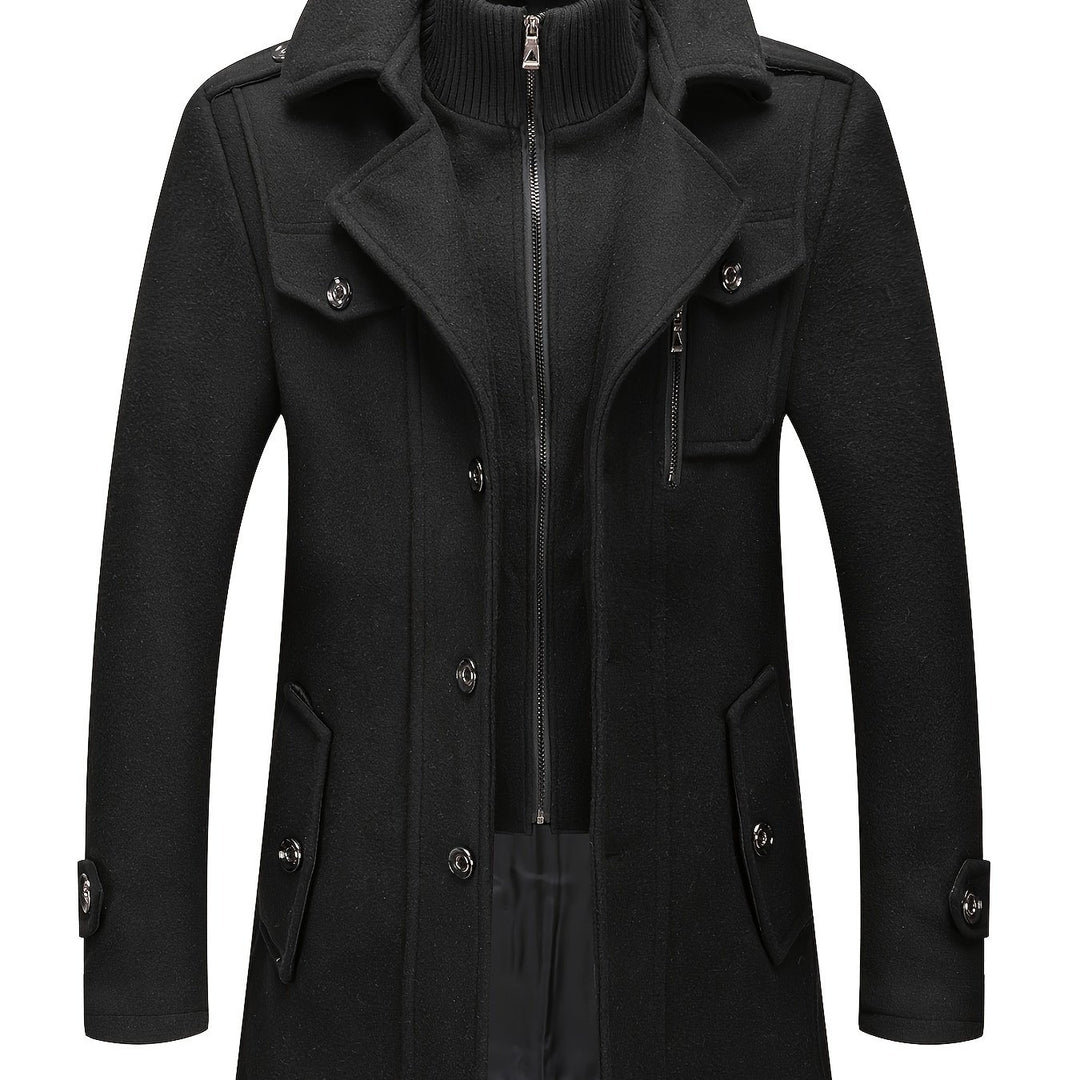 Men's Stand Collar Fleece Blend Pea Coat Single Breasted Overcoat