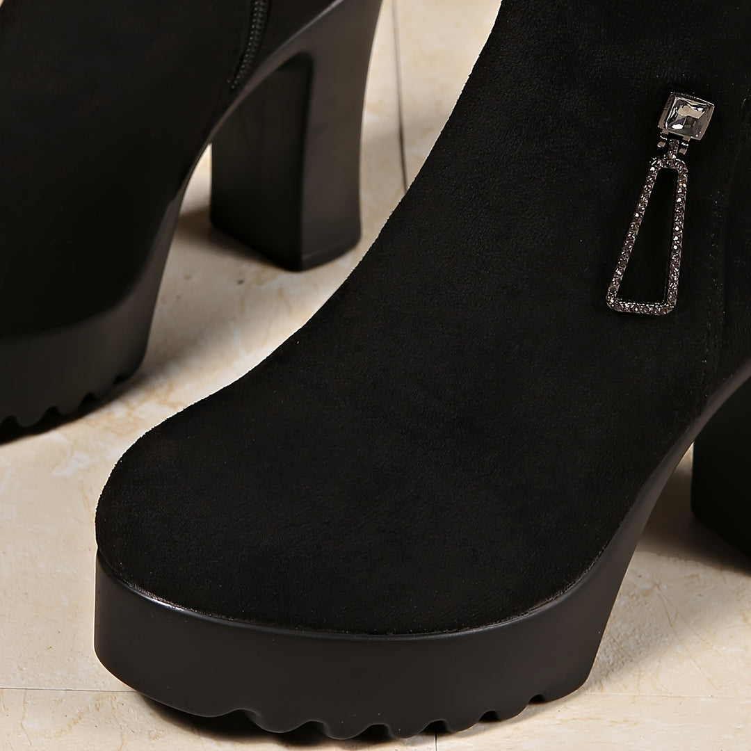 Women's Chunky Heel Round Toe Short Boots with Side Zipper and Rhinestones