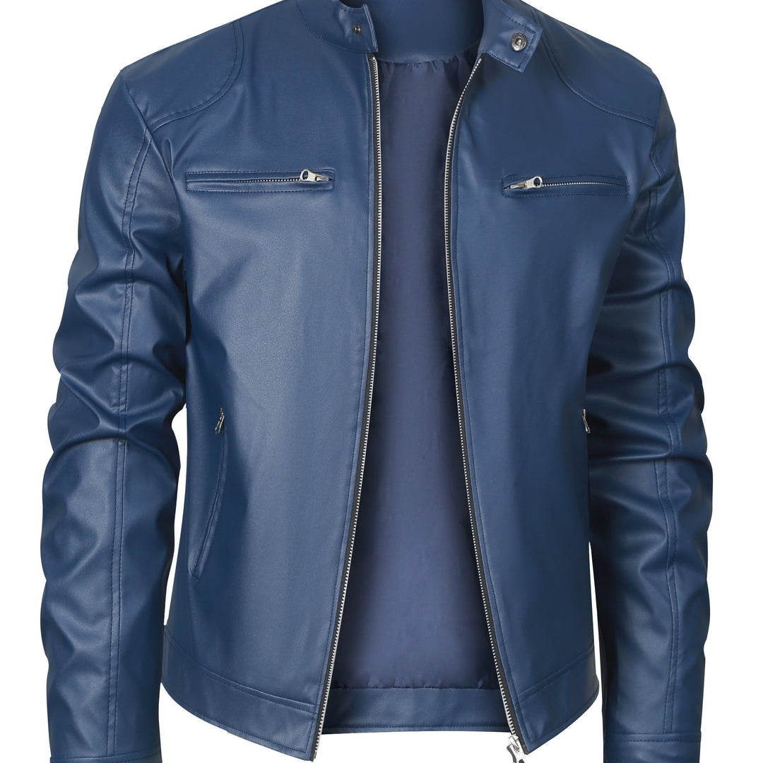 Men's PU Leather Motorcycle Jacket Stand-up Collar Windproof Outerwear
