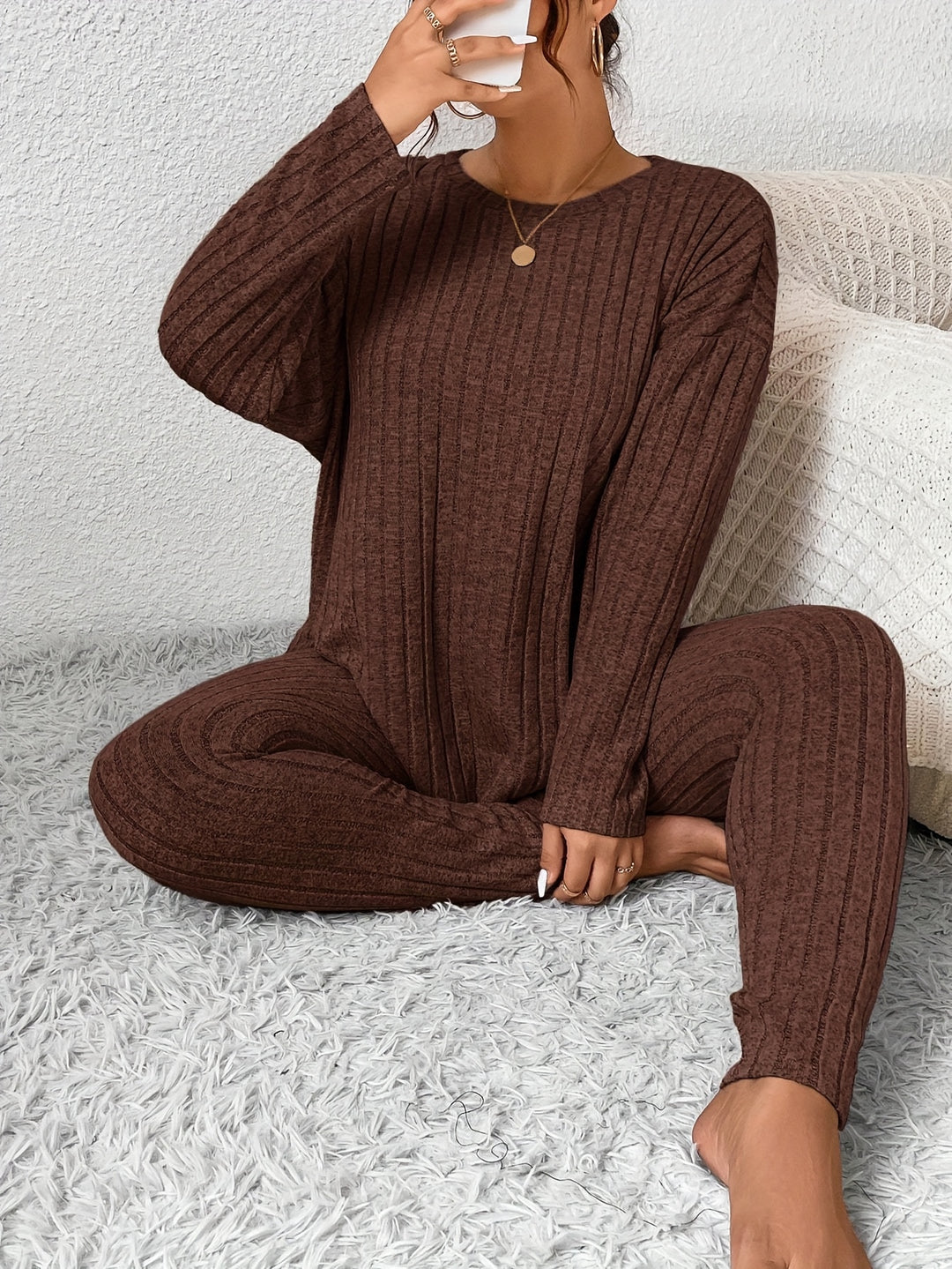 Women's Casual Commuting Outfit Long-Length Set Ribbed Texture