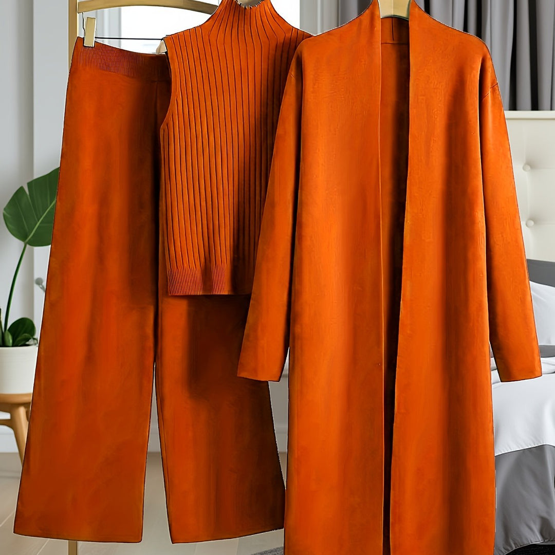 Women’s Loose Fashionable Three-Piece Set with Wide-Leg Pants, Cardigan, Vest