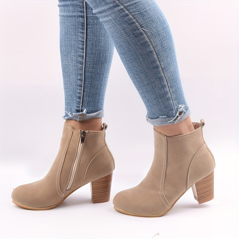 Women's High-Heel Ankle Boots with Round Toe and Side Zip