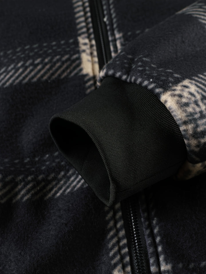 Men's Plaid Fleece-Lined Zip-Up Cardigan with Hood and Pockets