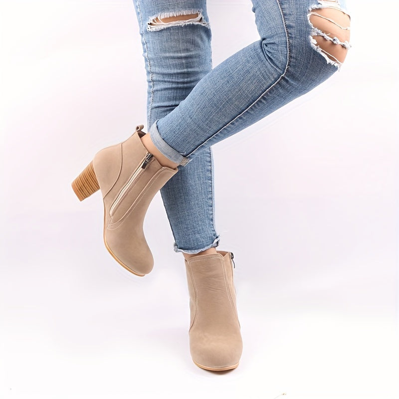 Women's High-Heel Ankle Boots with Round Toe and Side Zip
