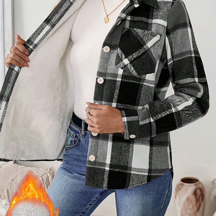 Women's Fleece-Lined Button-Up Shirt with Pockets Gingham Plaid