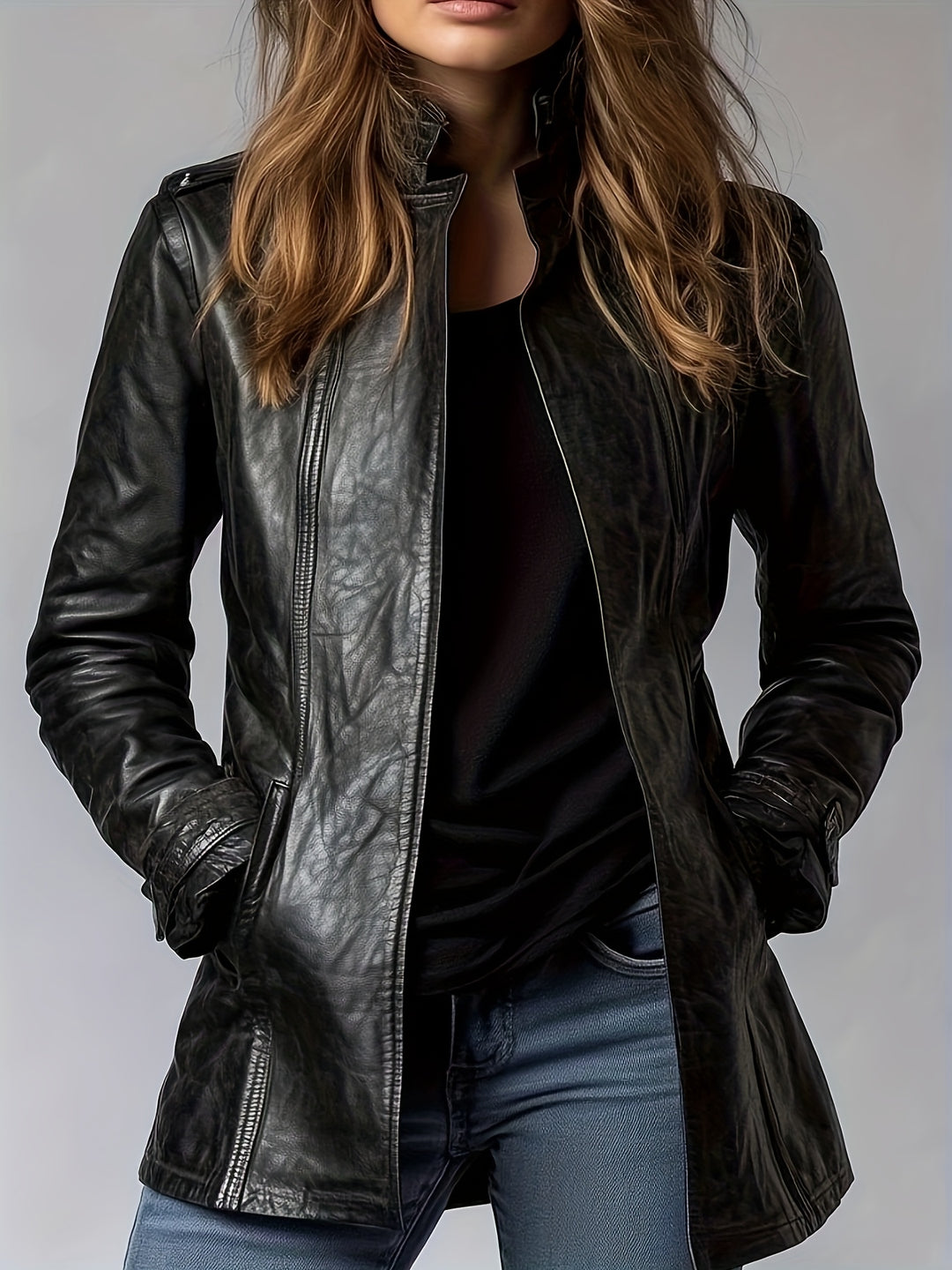 Women's Retro Motorcycle Jacket Elegant Vintage Blazer Mid-Length Coat