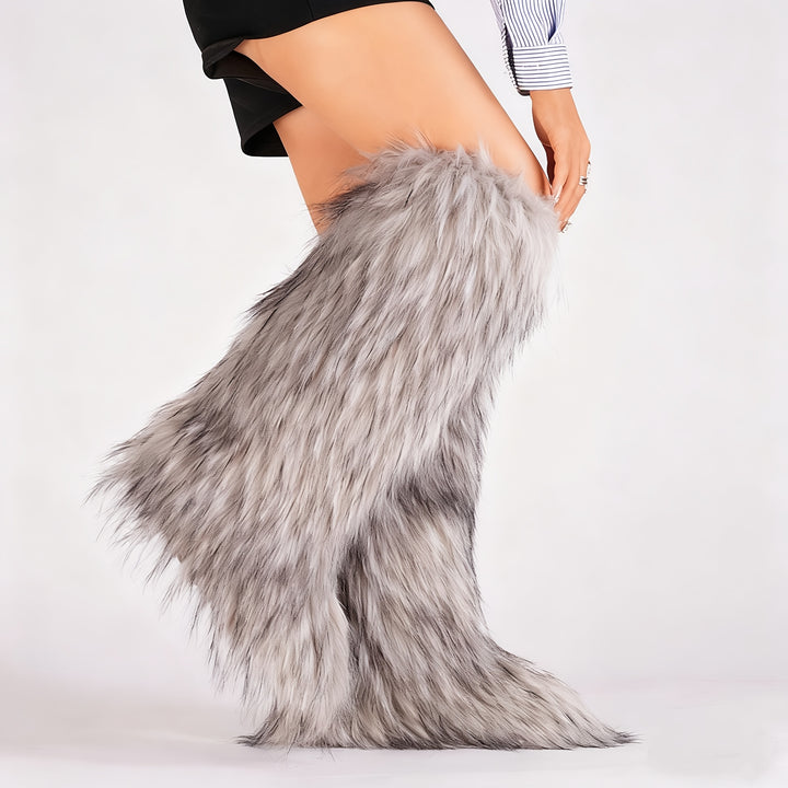Knee-High Faux Fur Winter Boots for Women with Flat Heel and Round Toe