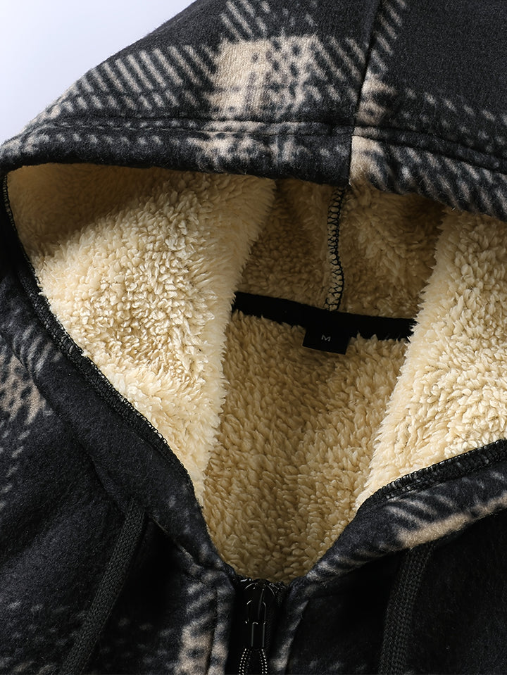Men's Plaid Fleece-Lined Zip-Up Cardigan with Hood and Pockets