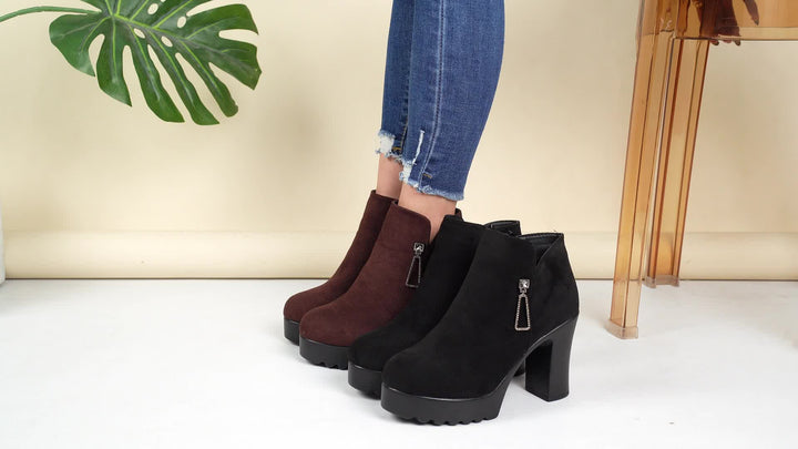 Women's Chunky Heel Round Toe Short Boots with Side Zipper and Rhinestones