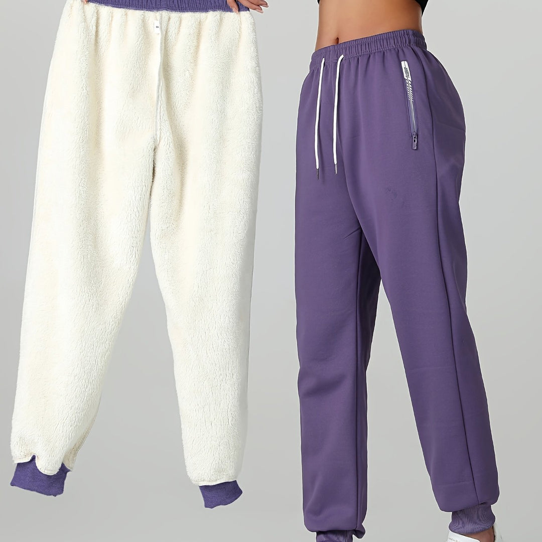 Women's Warm Casual Joggers with Elastic Waistband and Zippered Pockets