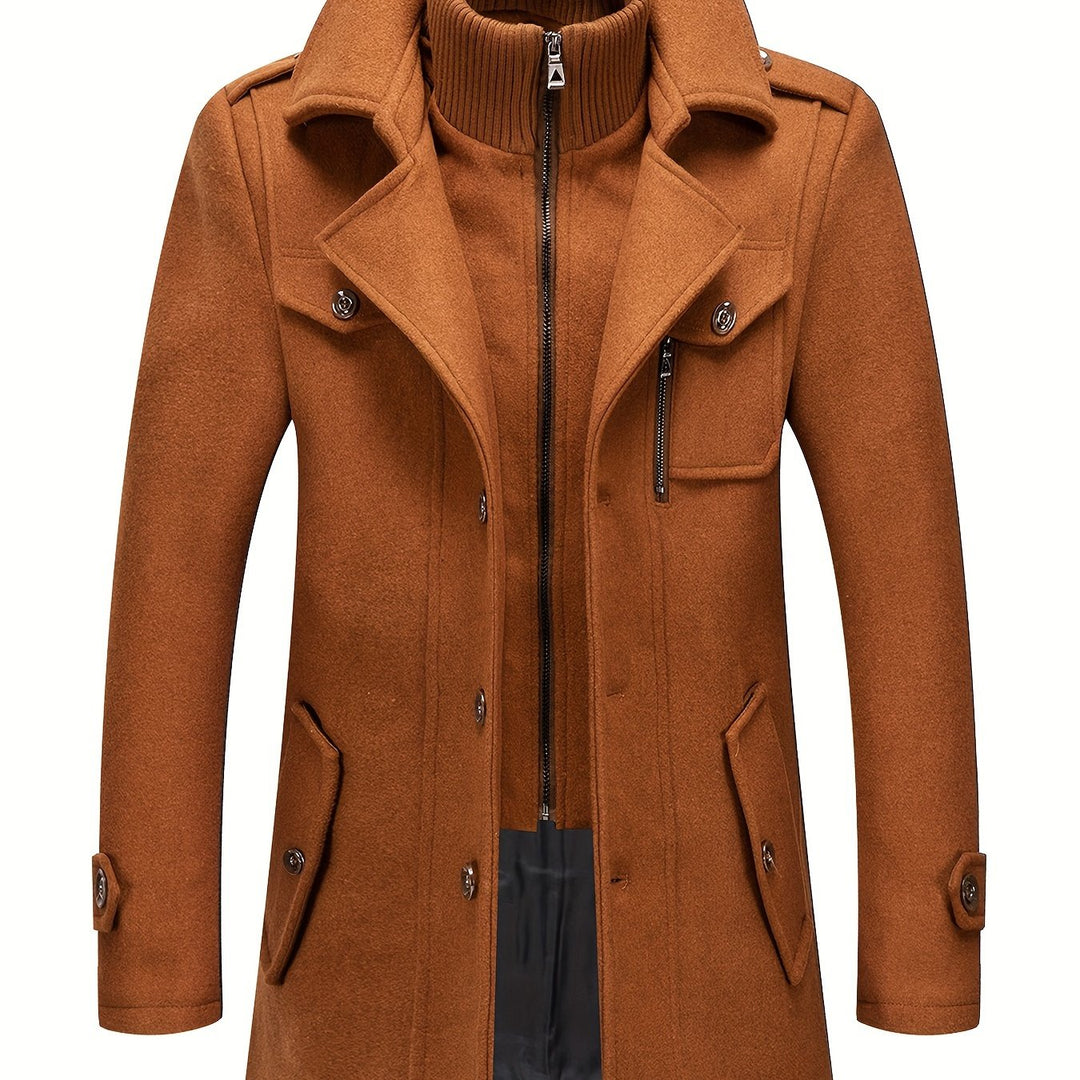 Men's Stand Collar Fleece Blend Pea Coat Single Breasted Overcoat