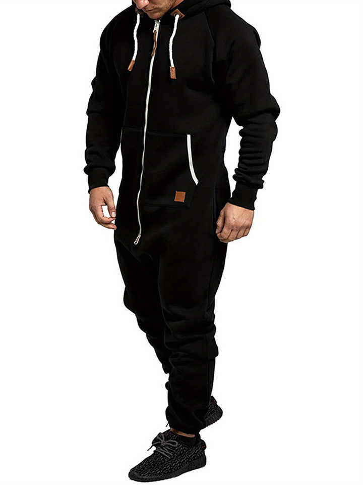 Men's Hooded Fleece Jumpsuit Long Sleeve Full Zipper Overalls