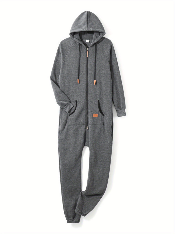 Men's Hooded Fleece Jumpsuit Long Sleeve Full Zipper Overalls