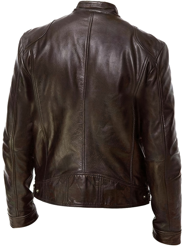 Men's Zip-Up Cardigan Multi-Pocket Motorcycle Jacket Leather Coat
