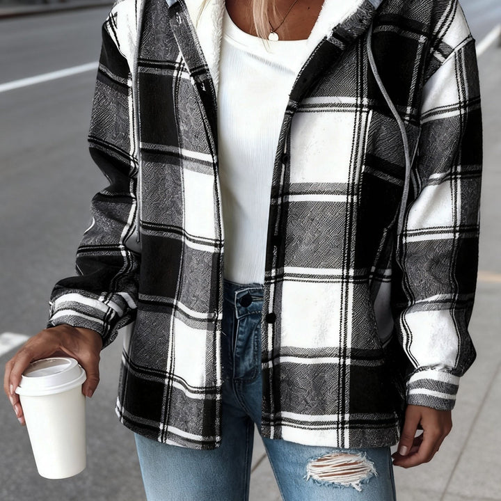 Women's Plaid Hooded Jacket with Lining Button-Front Closure