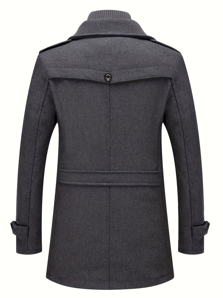 Men's Stand Collar Fleece Blend Pea Coat Single Breasted Overcoat