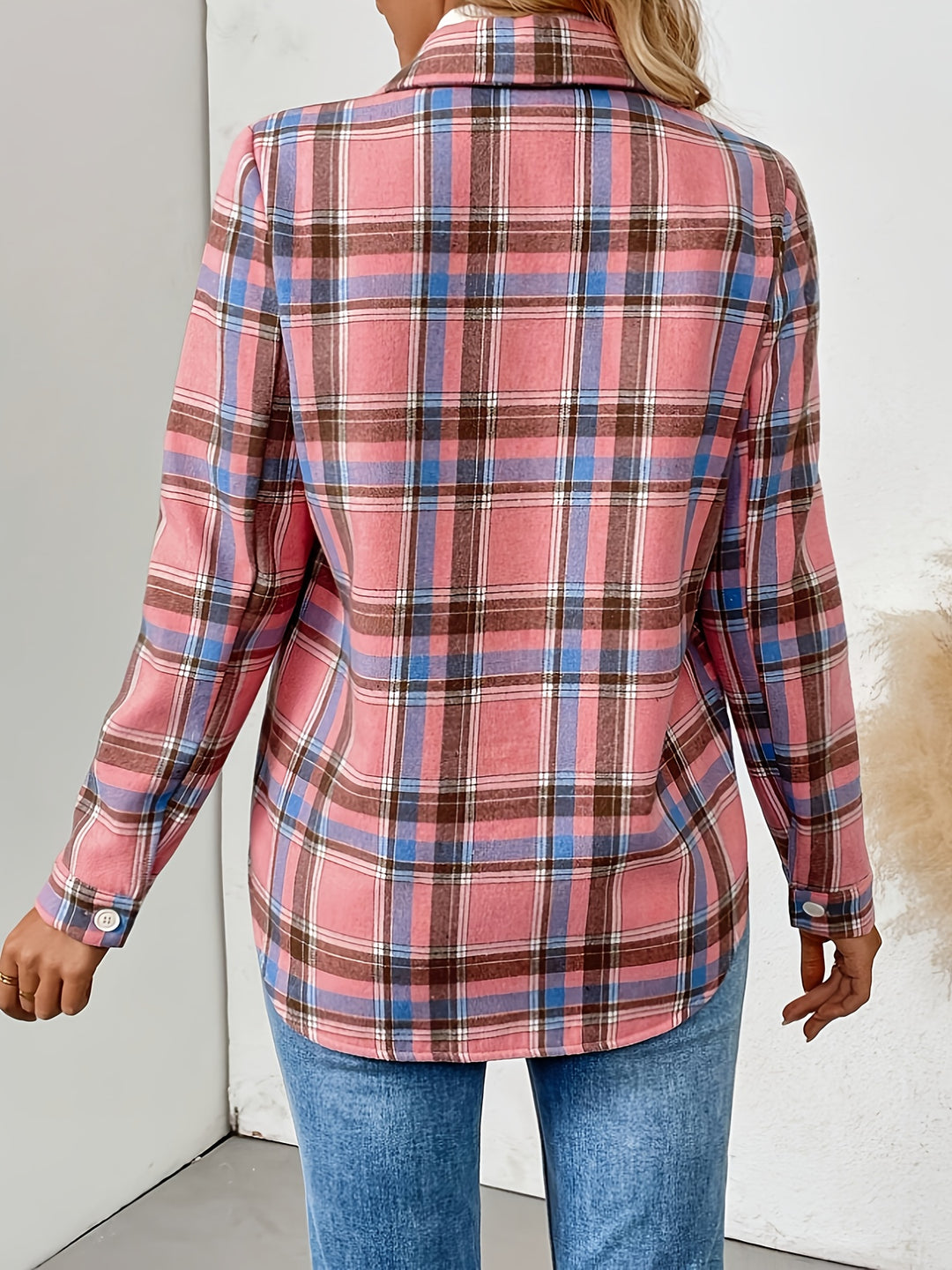Women's Fleece-Lined Button-Up Shirt with Pockets Gingham Plaid
