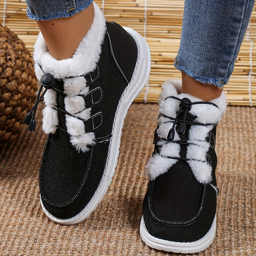 Women's Winter Slip-On Shoes with Faux Fur Collar and Round Toe