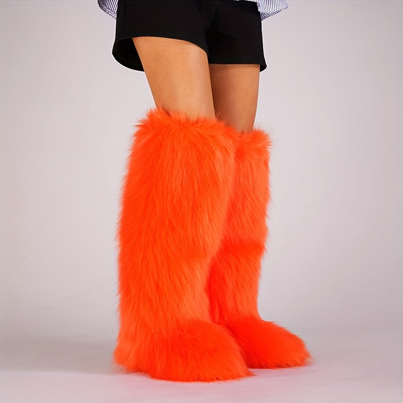Knee-High Faux Fur Winter Boots for Women with Flat Heel and Round Toe