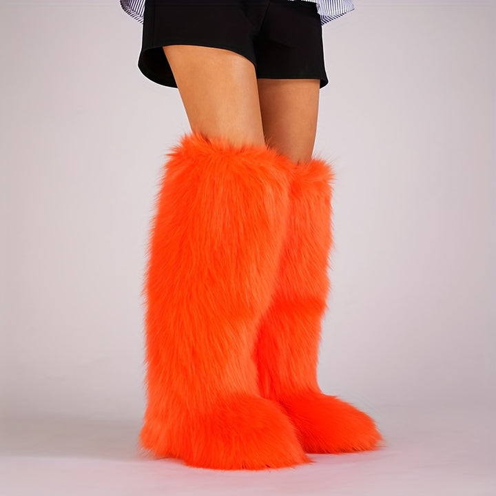 Knee-High Faux Fur Winter Boots for Women with Flat Heel and Round Toe