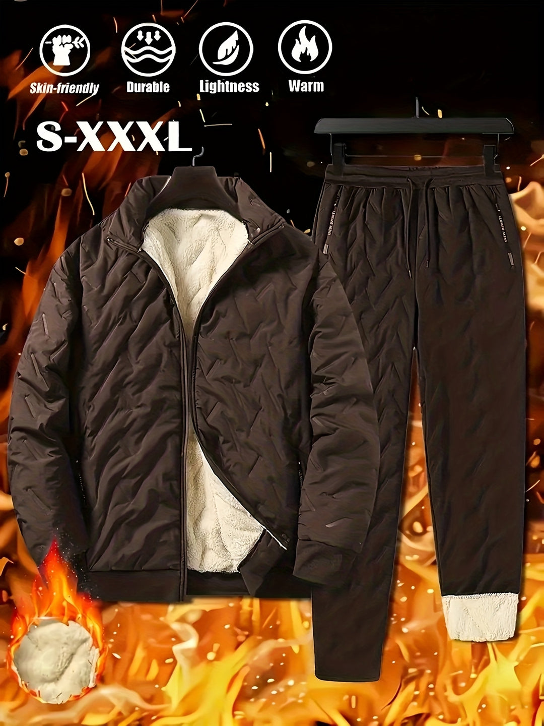 Men's Casual Two-Piece Fleece-Lined Jacket and Pants Set