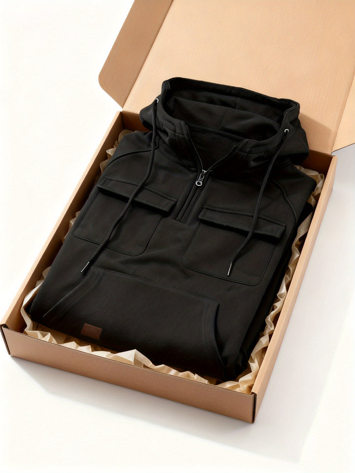 Men's Quarter Zip Hoodie Loose Fit Multi Pocket Sports Tactical