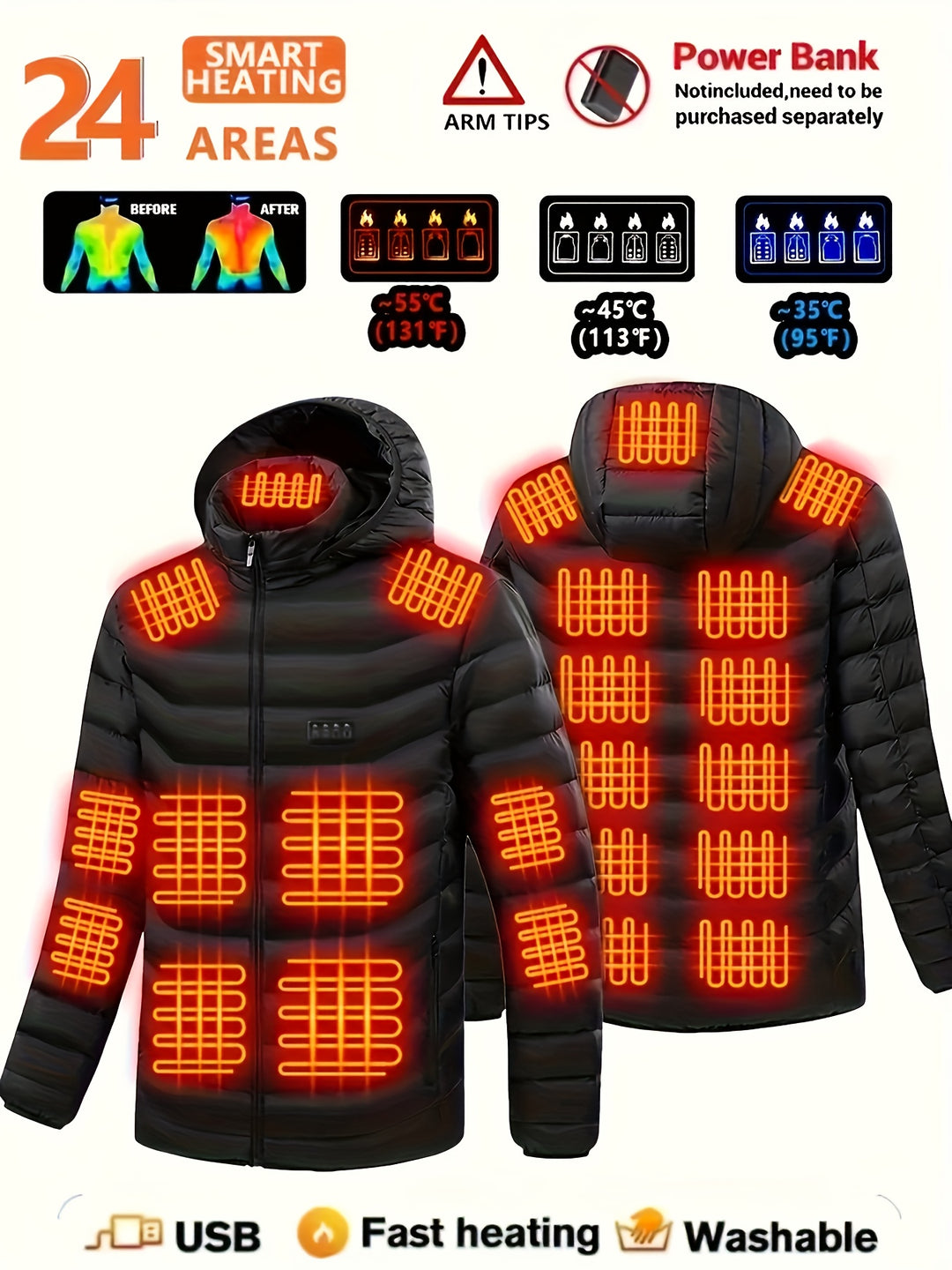 Men's Heated Coat for Couples with 24 Heating Zones Wind-Resistant