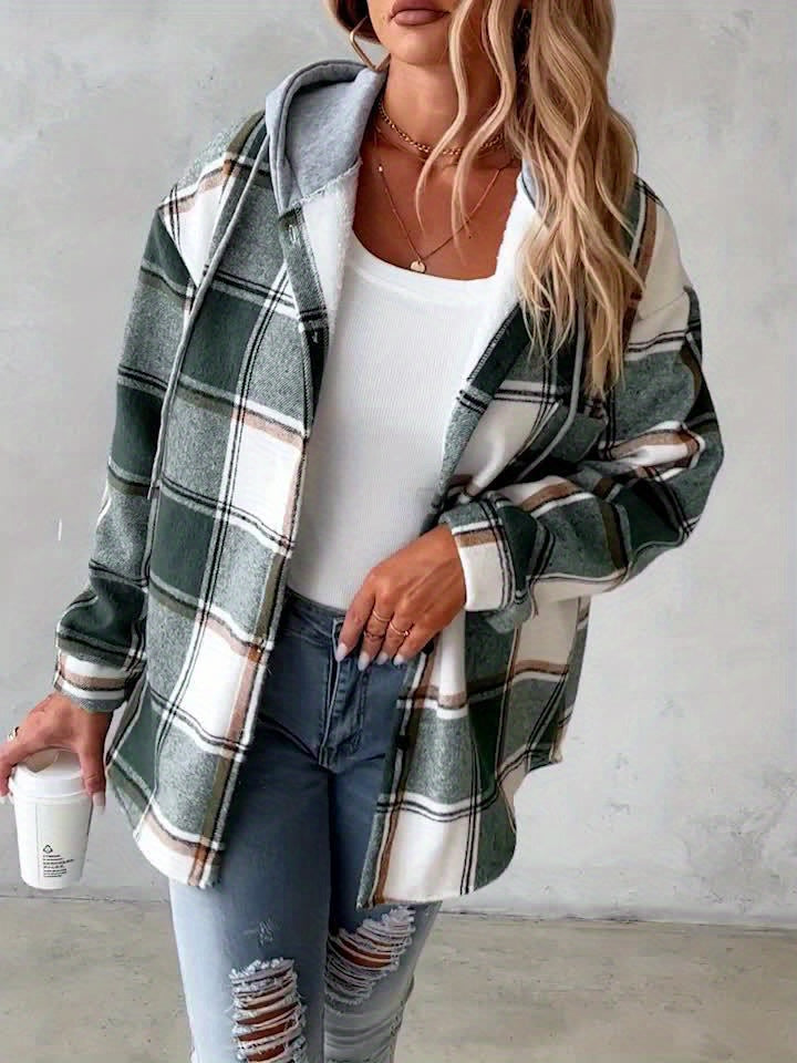Women's Plaid Hooded Jacket with Lining Button-Front Closure
