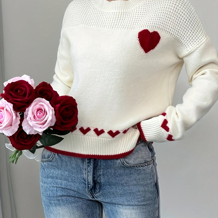 Women's Casual Heart Pattern Drop Shoulder Sweater