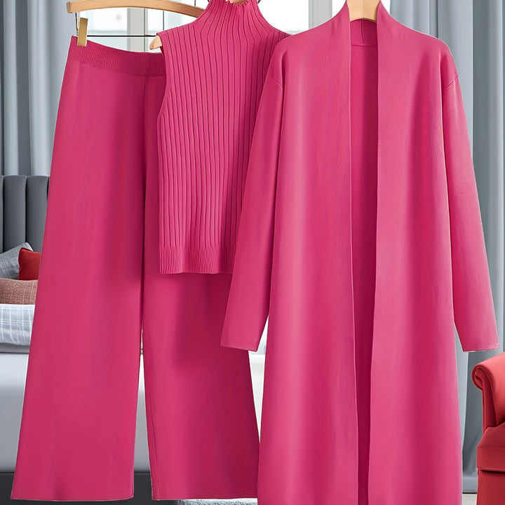 Women’s Loose Fashionable Three-Piece Set with Wide-Leg Pants, Cardigan, Vest