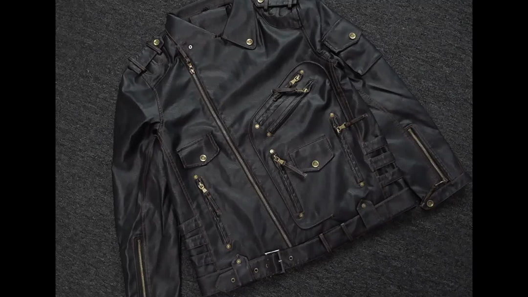 Men's Motorcycle Biker Jacket with Zipper Pockets and Adjustable Belt