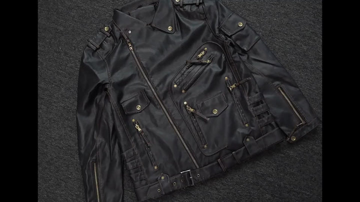 Men's Motorcycle Biker Jacket with Zipper Pockets and Adjustable Belt