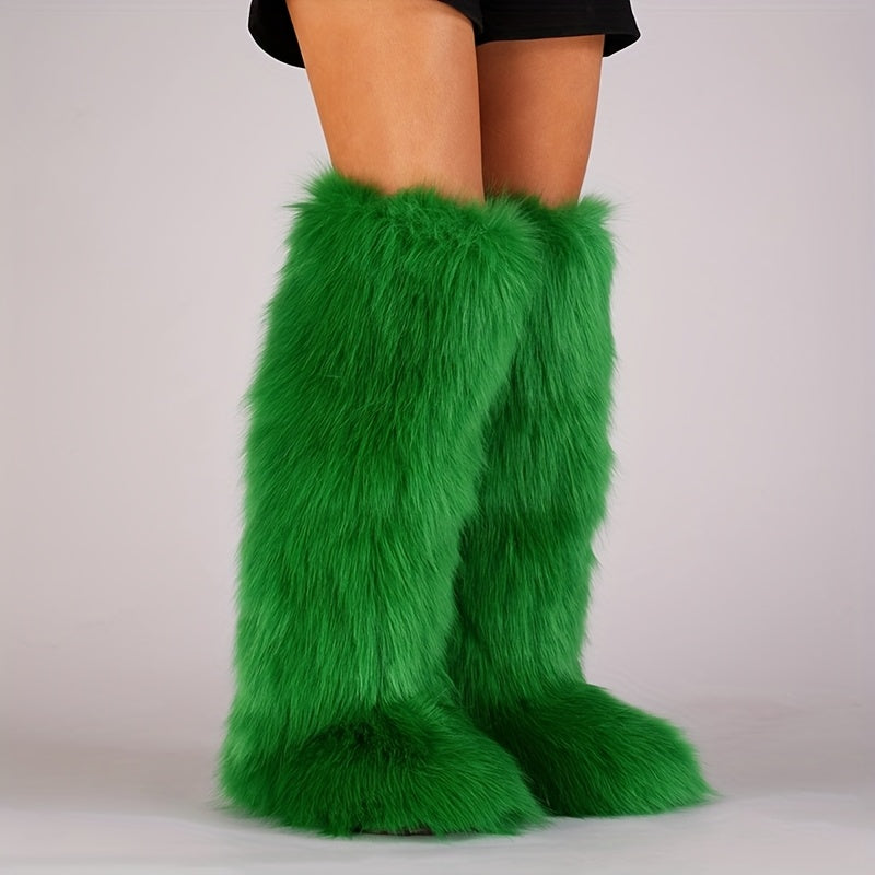 Knee-High Faux Fur Winter Boots for Women with Flat Heel and Round Toe