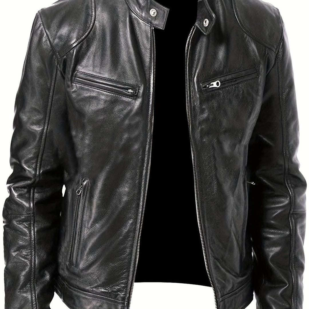 Men's Zip-Up Cardigan Multi-Pocket Motorcycle Jacket Leather Coat