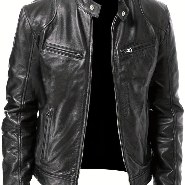 Men's Zip-Up Cardigan Multi-Pocket Motorcycle Jacket Leather Coat