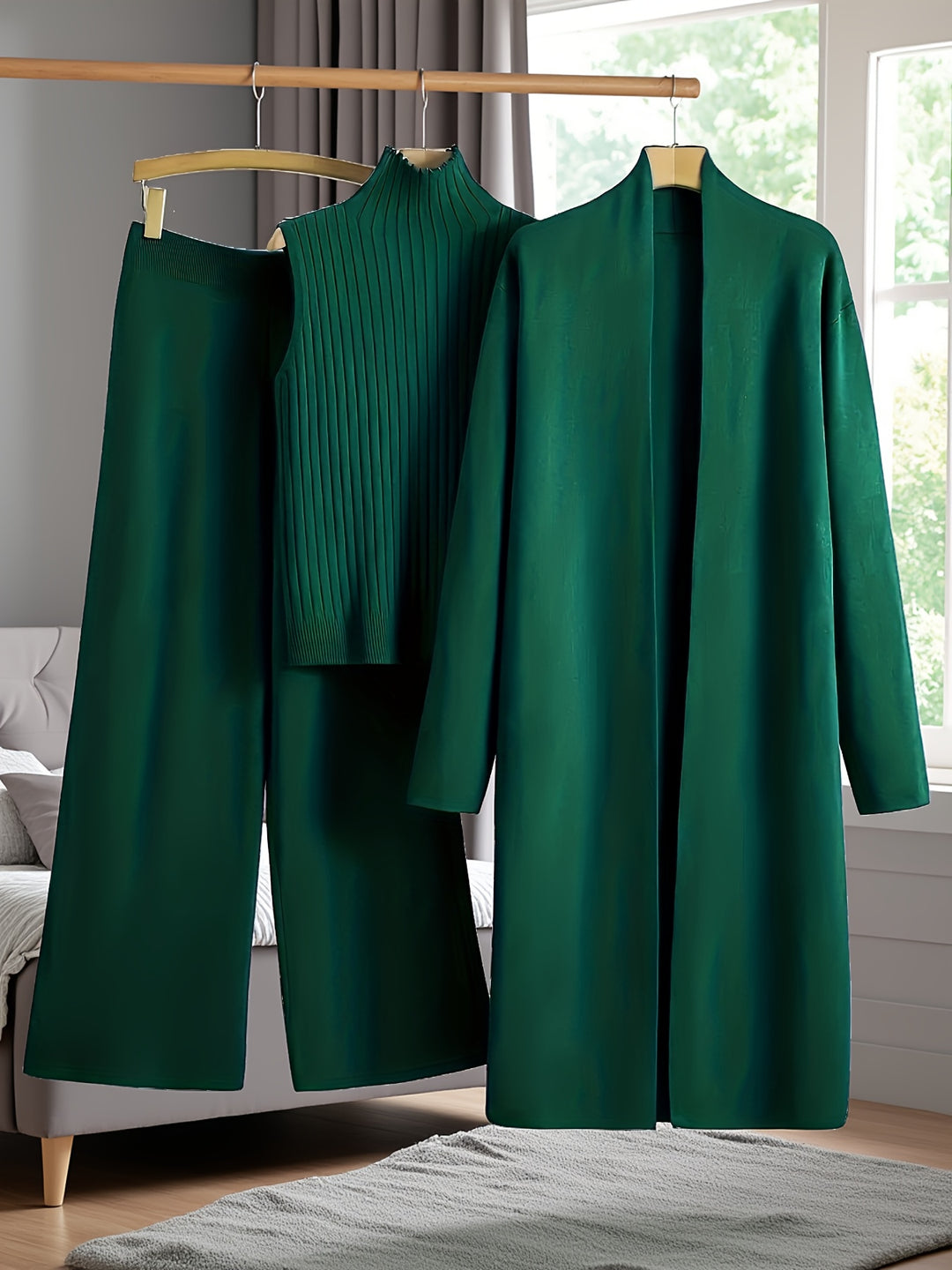 Women’s Loose Fashionable Three-Piece Set with Wide-Leg Pants, Cardigan, Vest