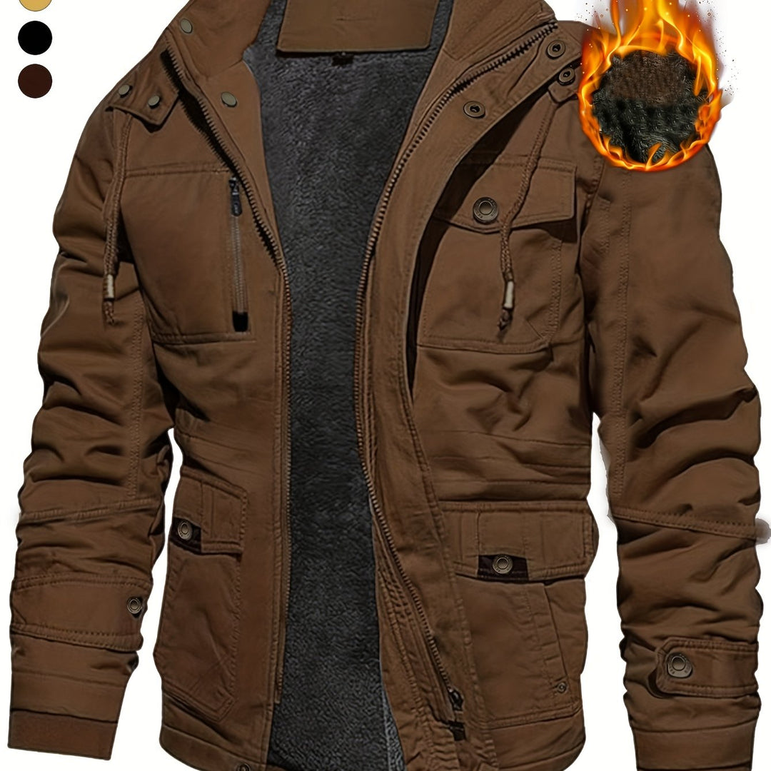 Men's Mid-Length Heavyweight Jacket with Detachable Hood and Pockets