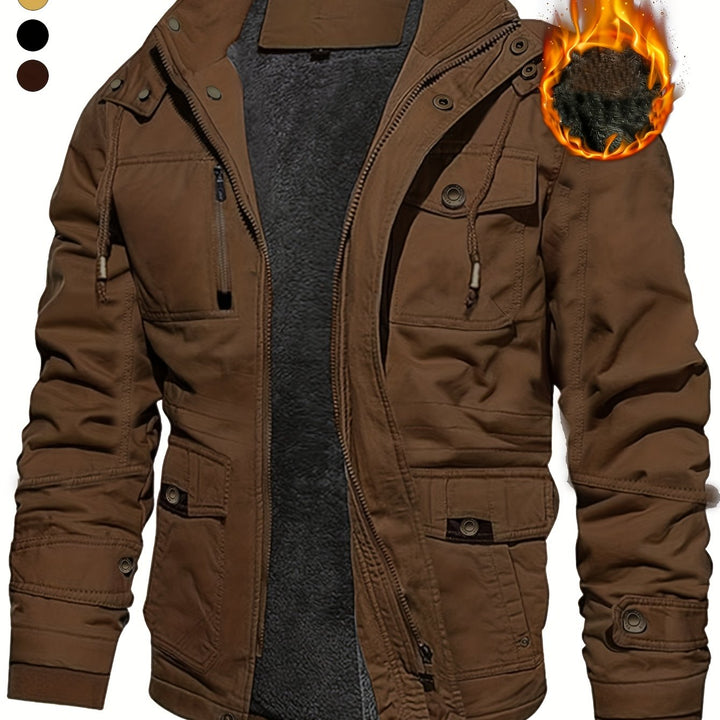 Men's Mid-Length Heavyweight Jacket with Detachable Hood and Pockets