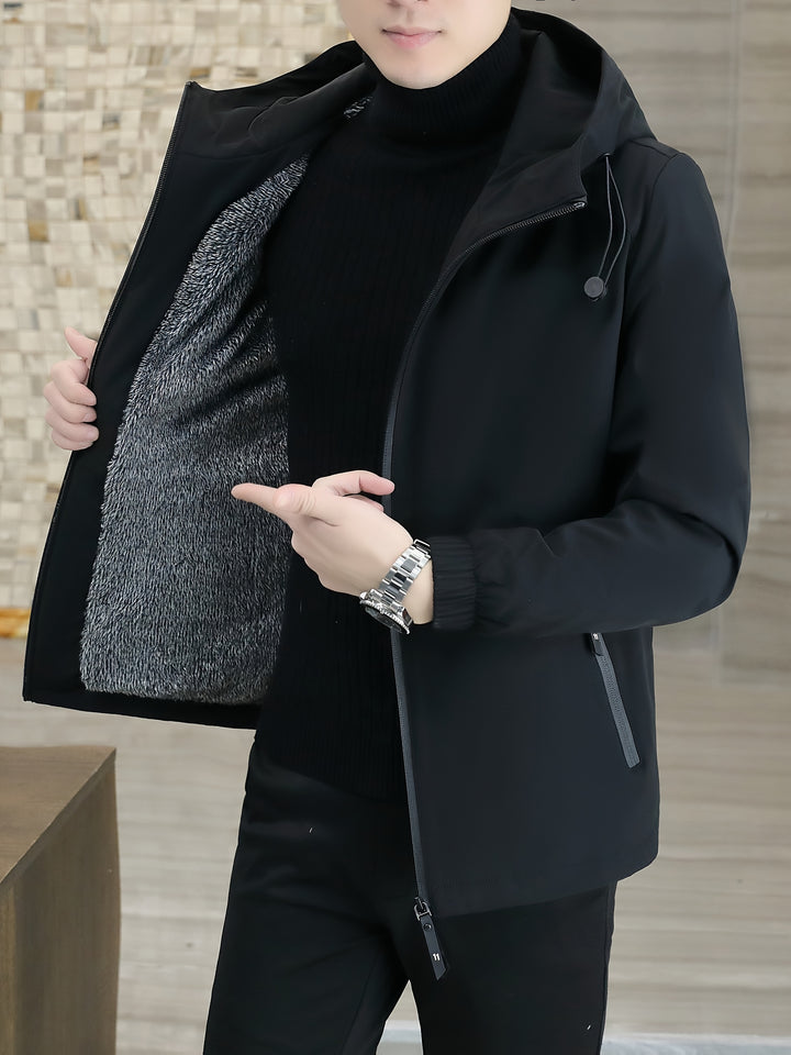 Men's Fleece Jacket Windproof Zip-Up Hooded Coat Winter Outerwear