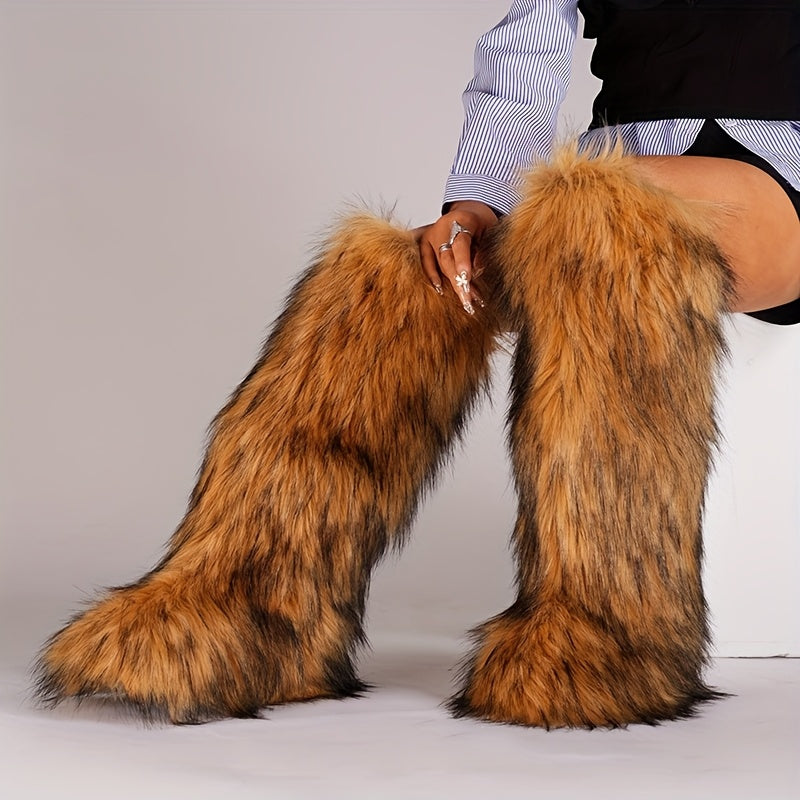 Knee-High Faux Fur Winter Boots for Women with Flat Heel and Round Toe