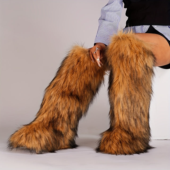 Knee-High Faux Fur Winter Boots for Women with Flat Heel and Round Toe