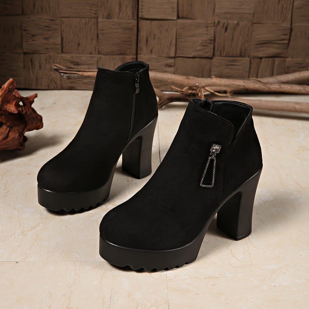 Women's Chunky Heel Round Toe Short Boots with Side Zipper and Rhinestones
