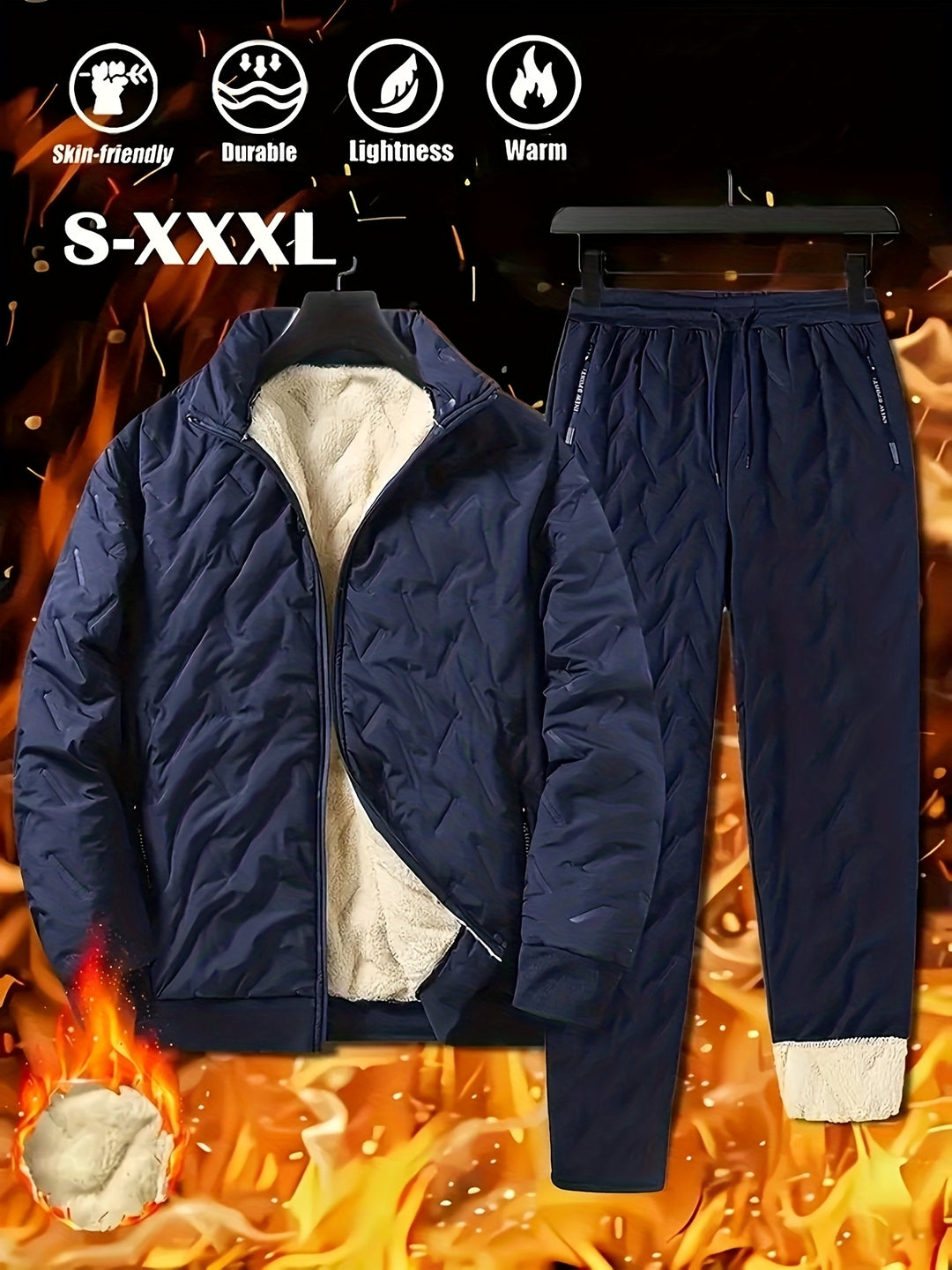 Men's Casual Two-Piece Fleece-Lined Jacket and Pants Set