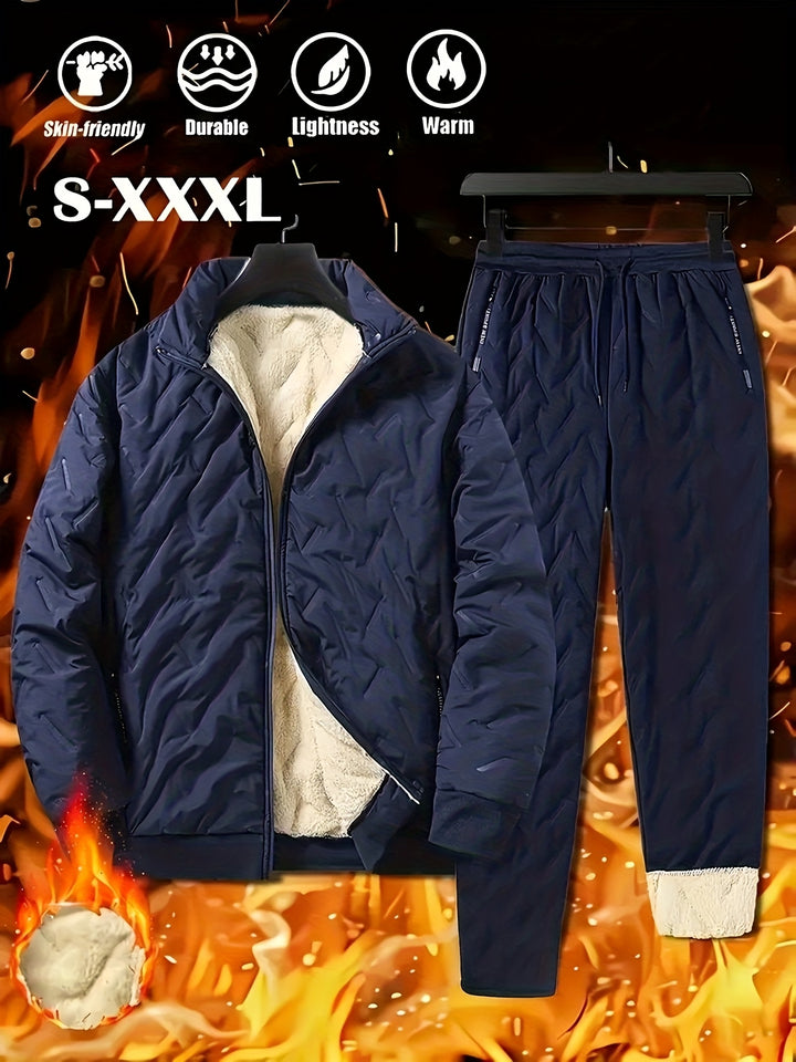 Men's Casual Two-Piece Fleece-Lined Jacket and Pants Set
