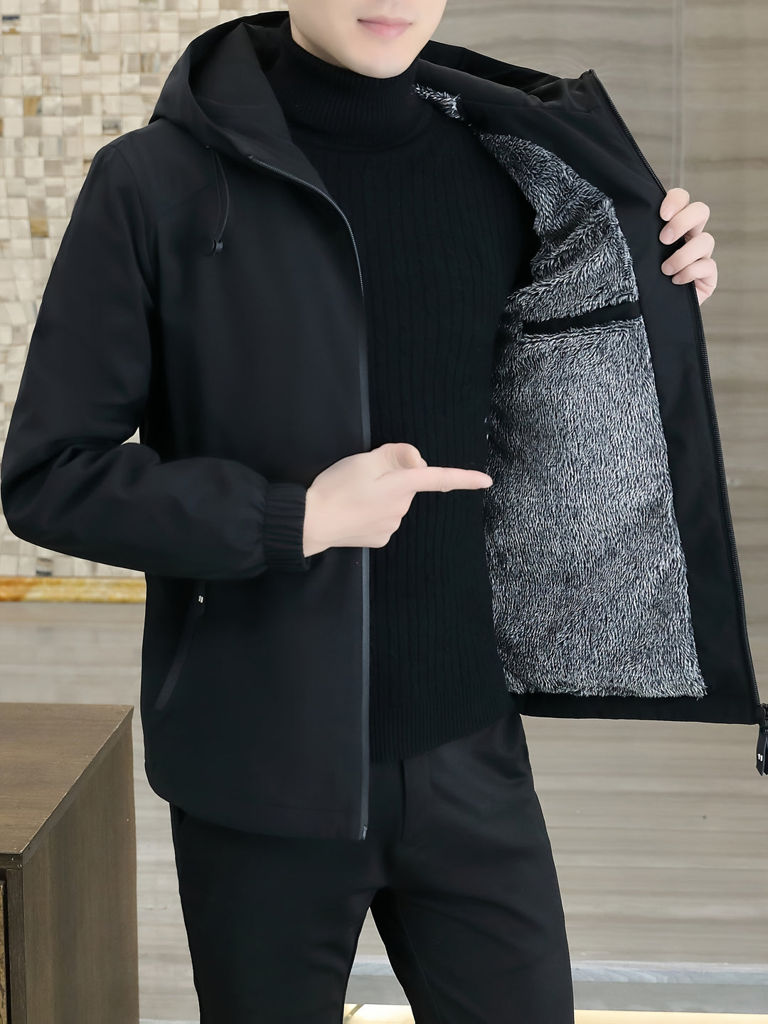 Men's Fleece Jacket Windproof Zip-Up Hooded Coat Winter Outerwear